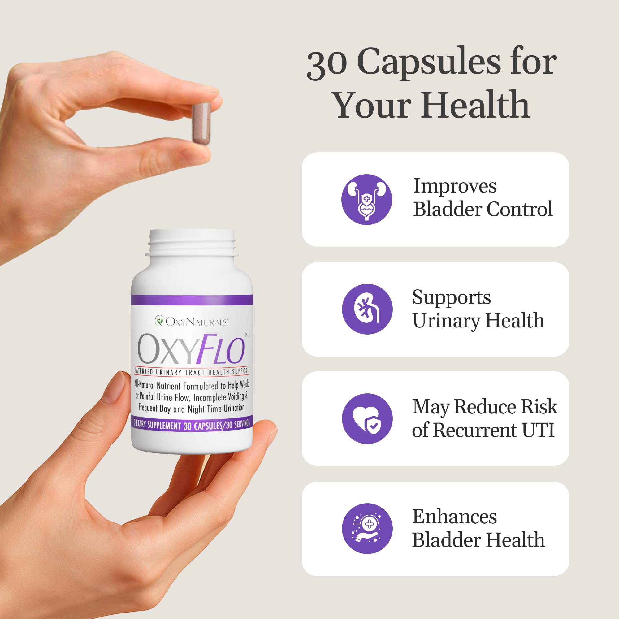 OxyNaturals OxyFlo bottle promotes bladder health and urinary comfort