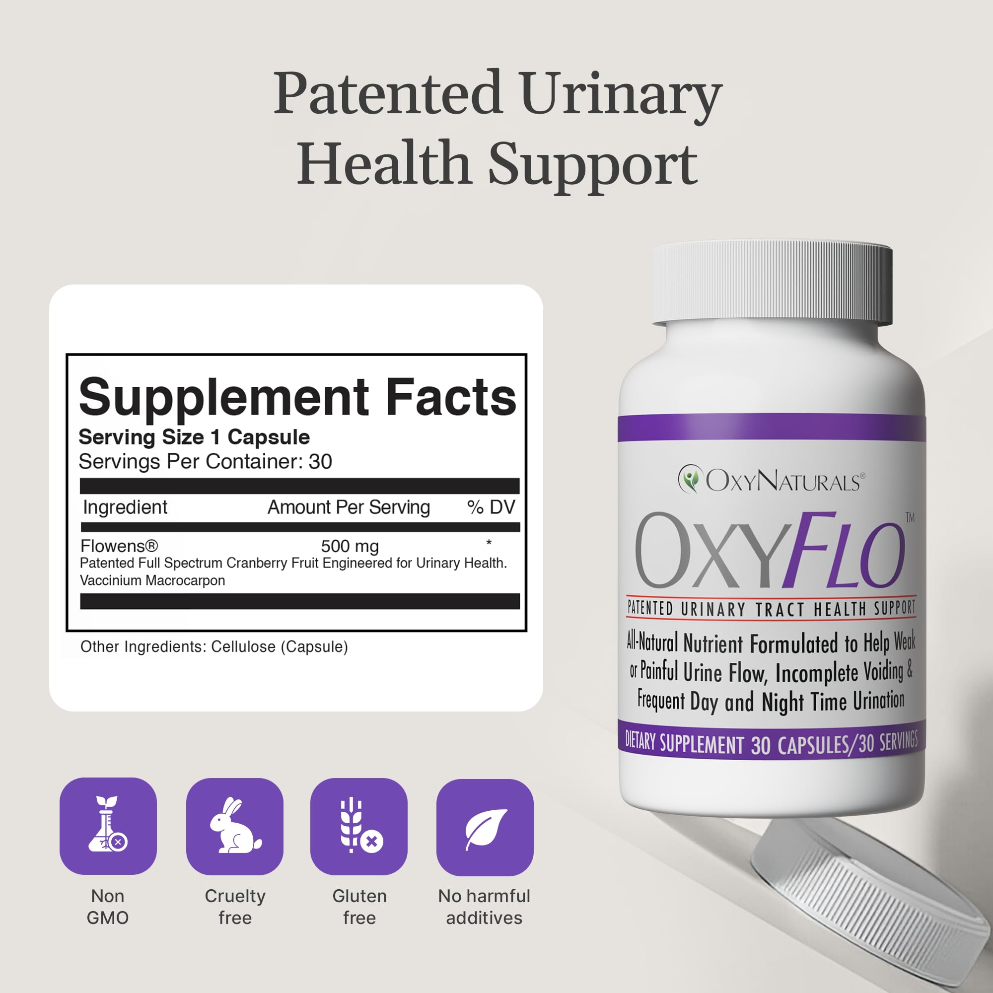 OxyNaturals OxyFlo bottle side view with legible cranberry ingredient label.
