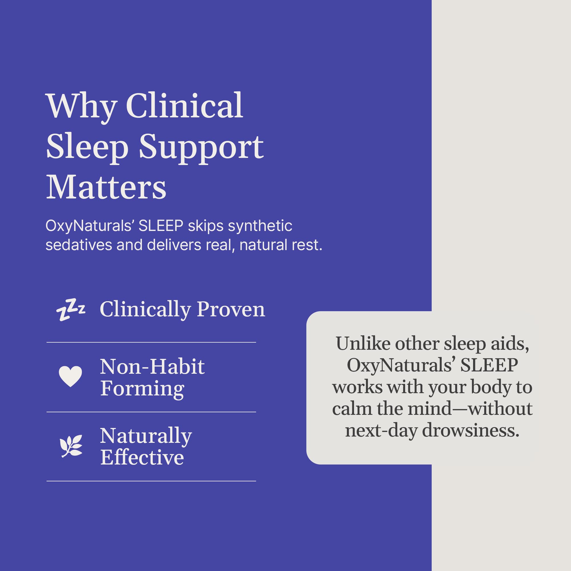 OxyNaturals Sleep bottle back displays ingredients for informed selection.