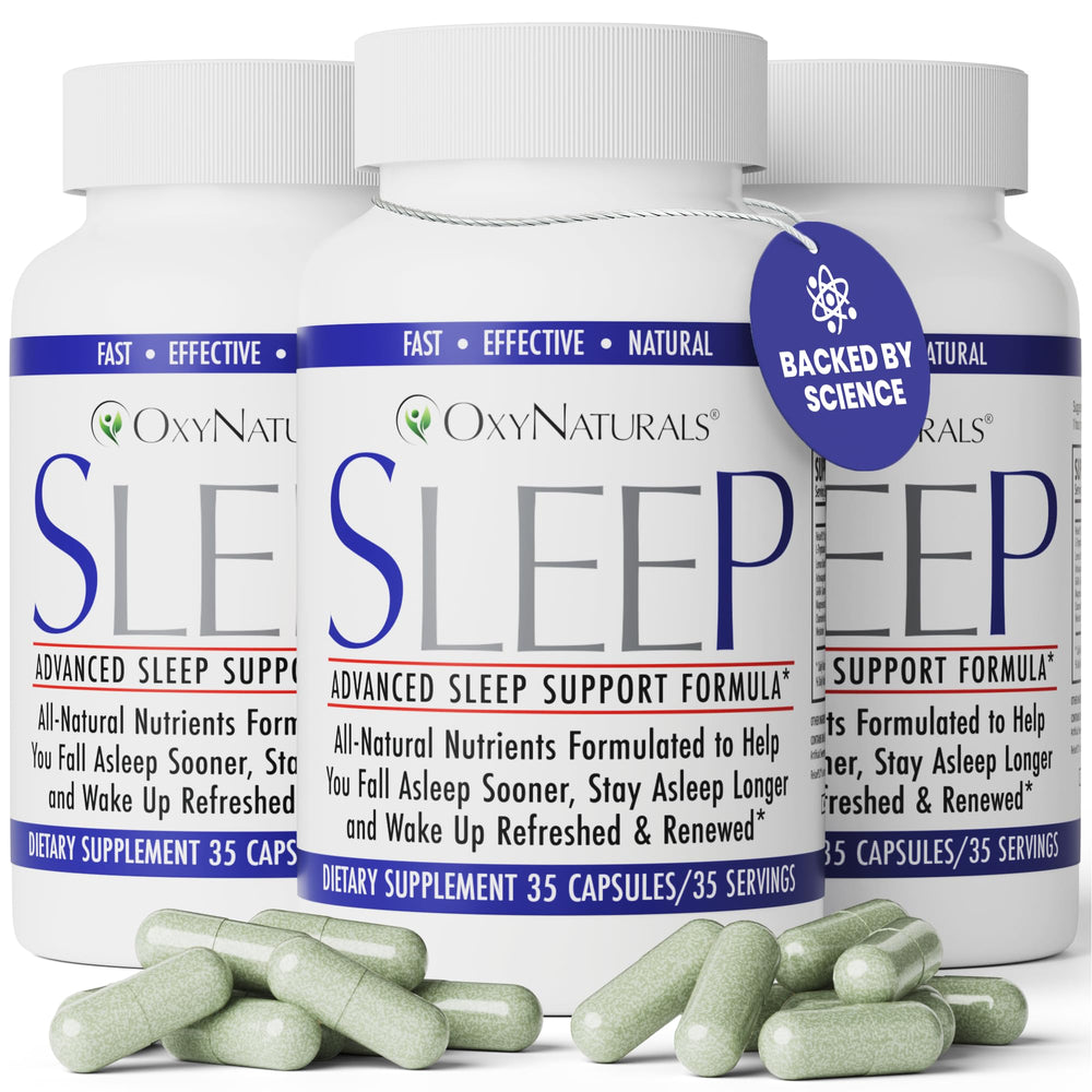 OxyNaturals Sleep bottle front view promotes a calm evening routine.