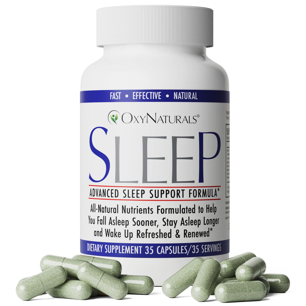OxyNaturals Sleep bottle front promoting natural nighttime relaxation