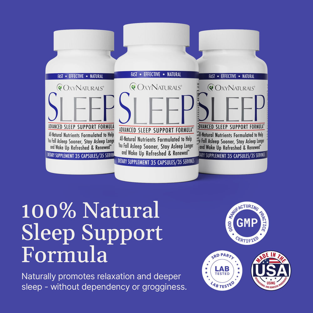 OxyNaturals Sleep lemon balm chamomile visualization emphasizes relaxing botanicals.