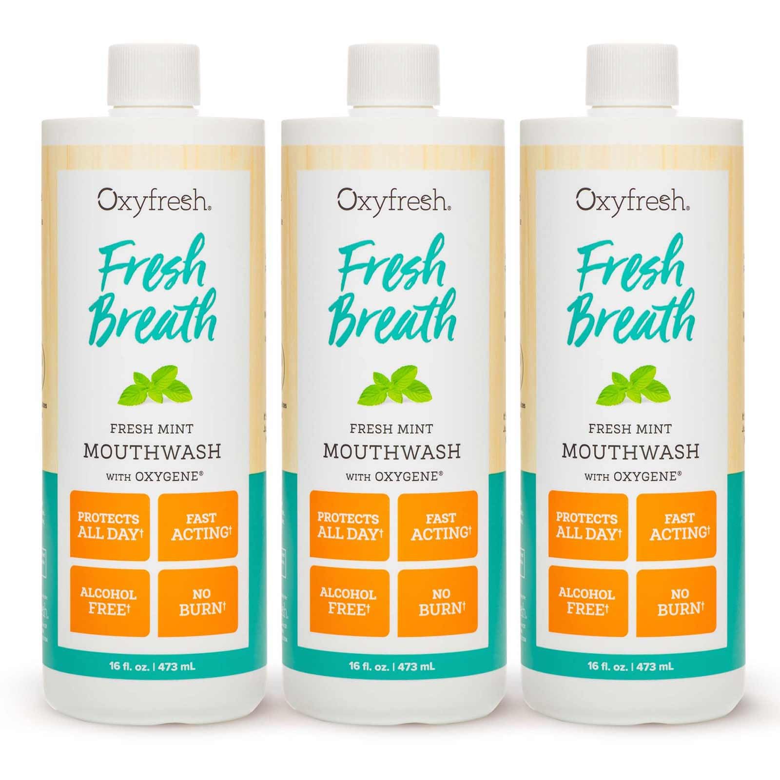 Oxyfresh Fresh Mint mouthwash bottle for daily use, promoting fresh breath.
