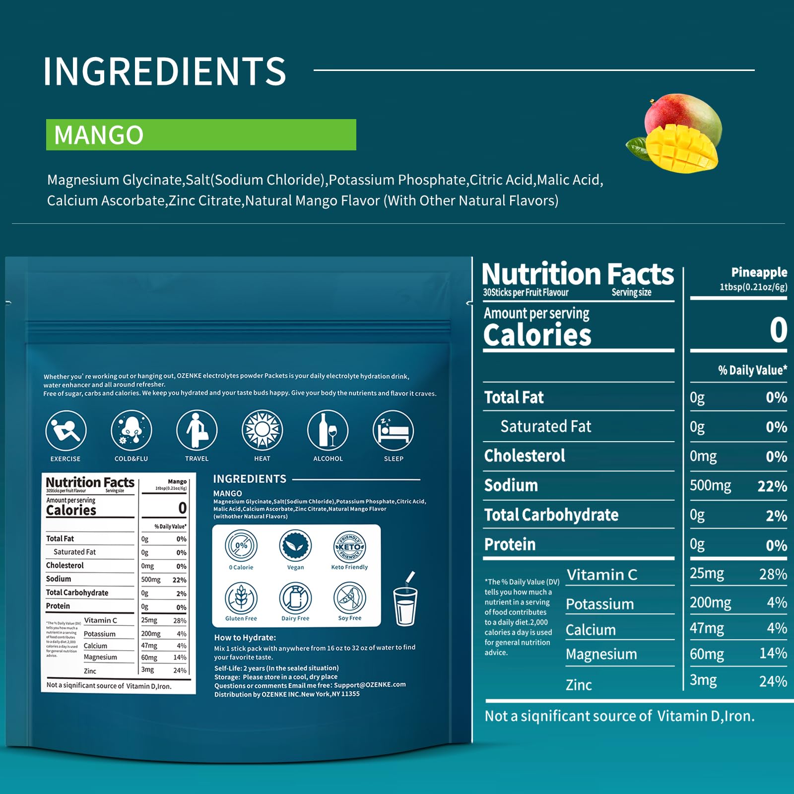 Ozenke electrolytes drink glass mango showing refreshing hydration