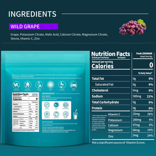 Open OZENKE grape electrolyte packet ready to pour.