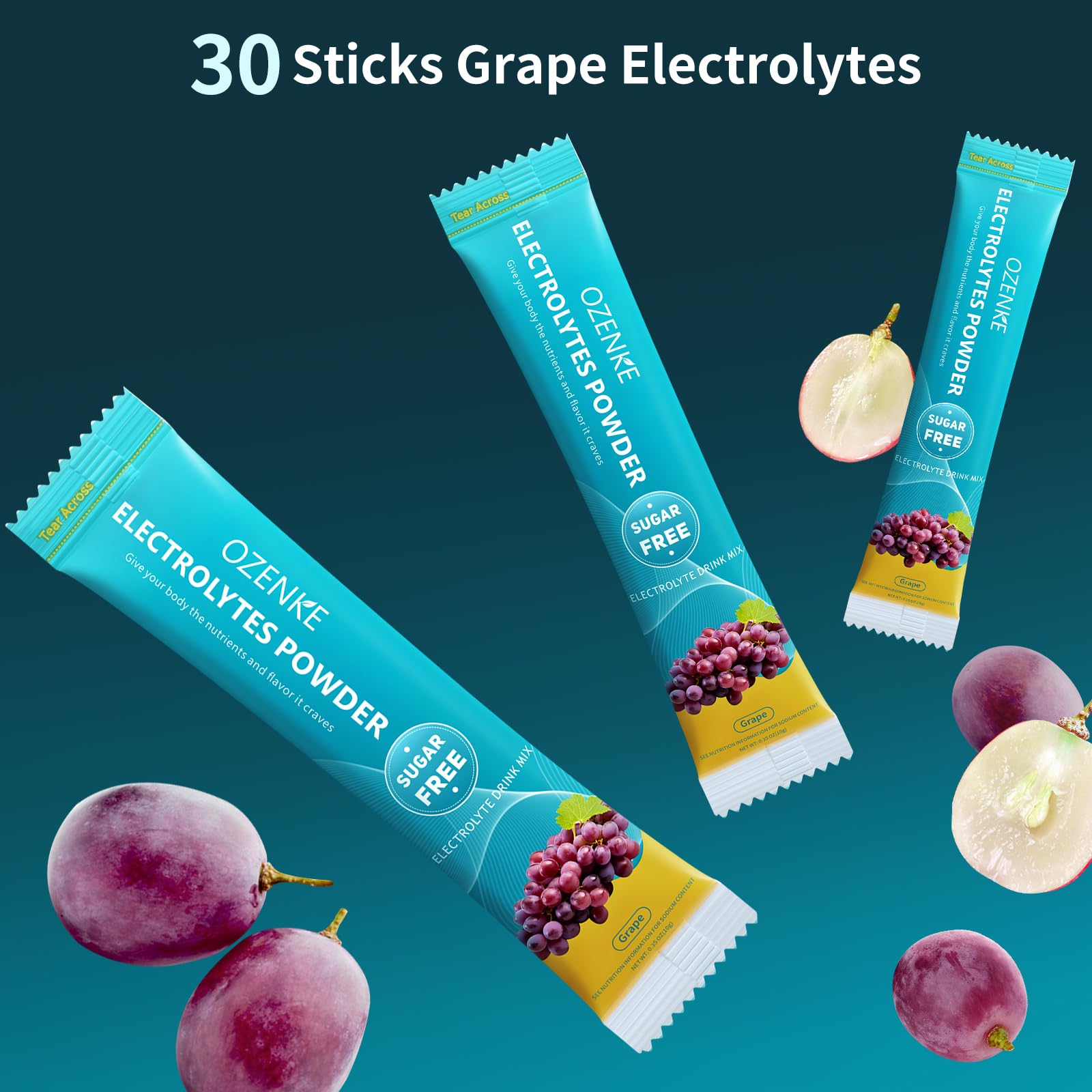 Pouring OZENKE grape electrolyte into water for refreshing hydration.