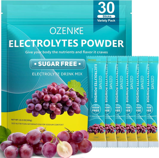 OZENKE electrolyte packet in a water glass for quick hydration after exercise.