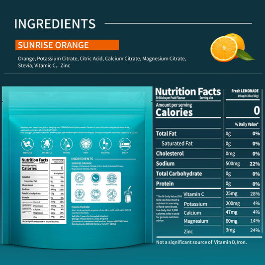 OZENKE orange flavor dissolving in water for refreshing hydration.