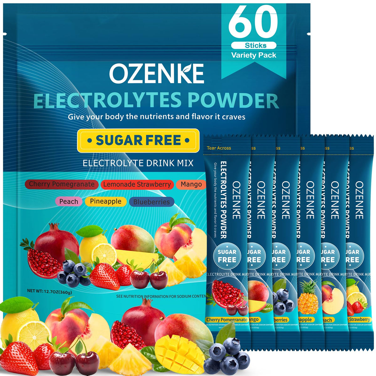 OZENKE 60 sticks sugar-free hydration packets for quick hydration during workouts.