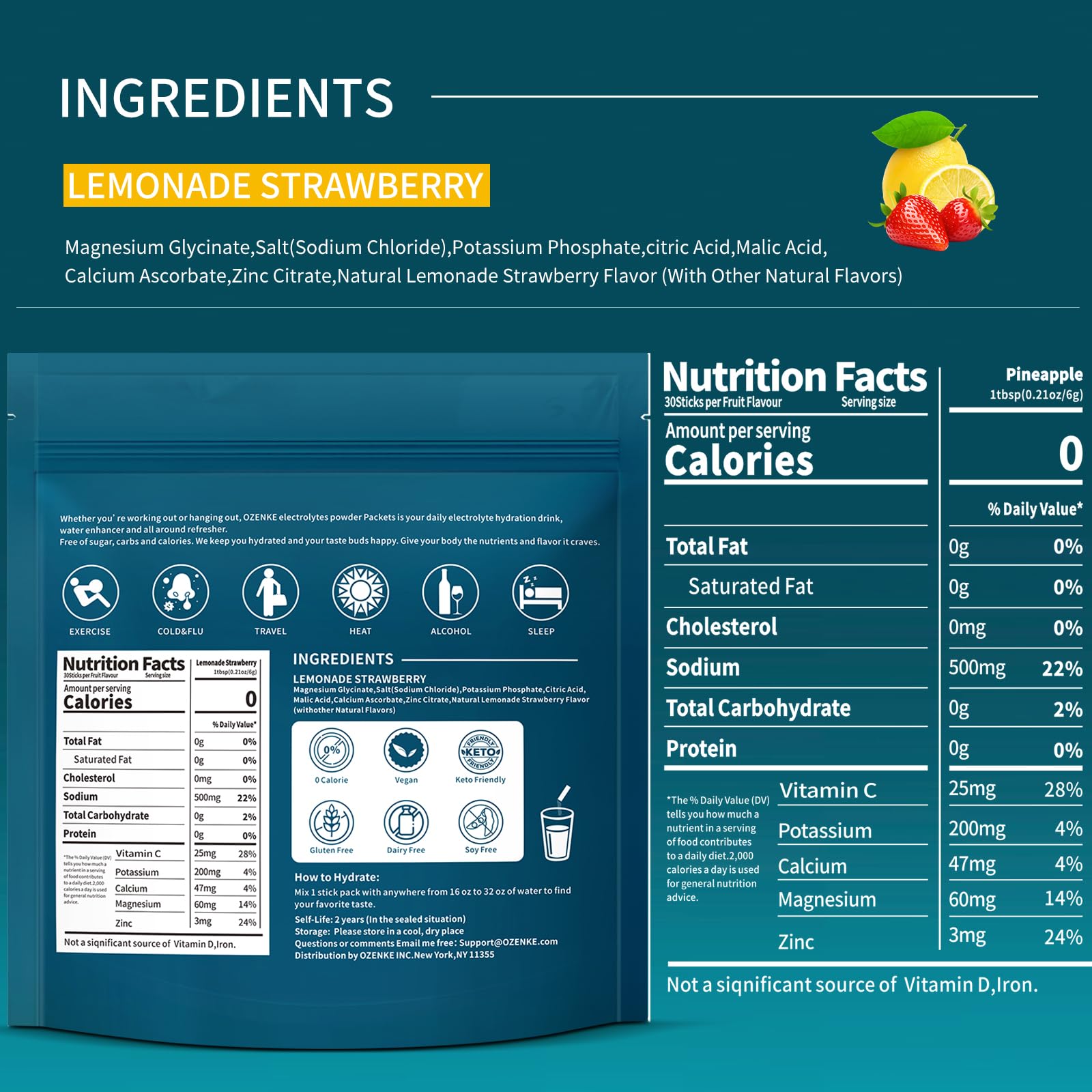 OZENKE strawberry electrolyte stick dissolves quickly for refreshing hydration on the go