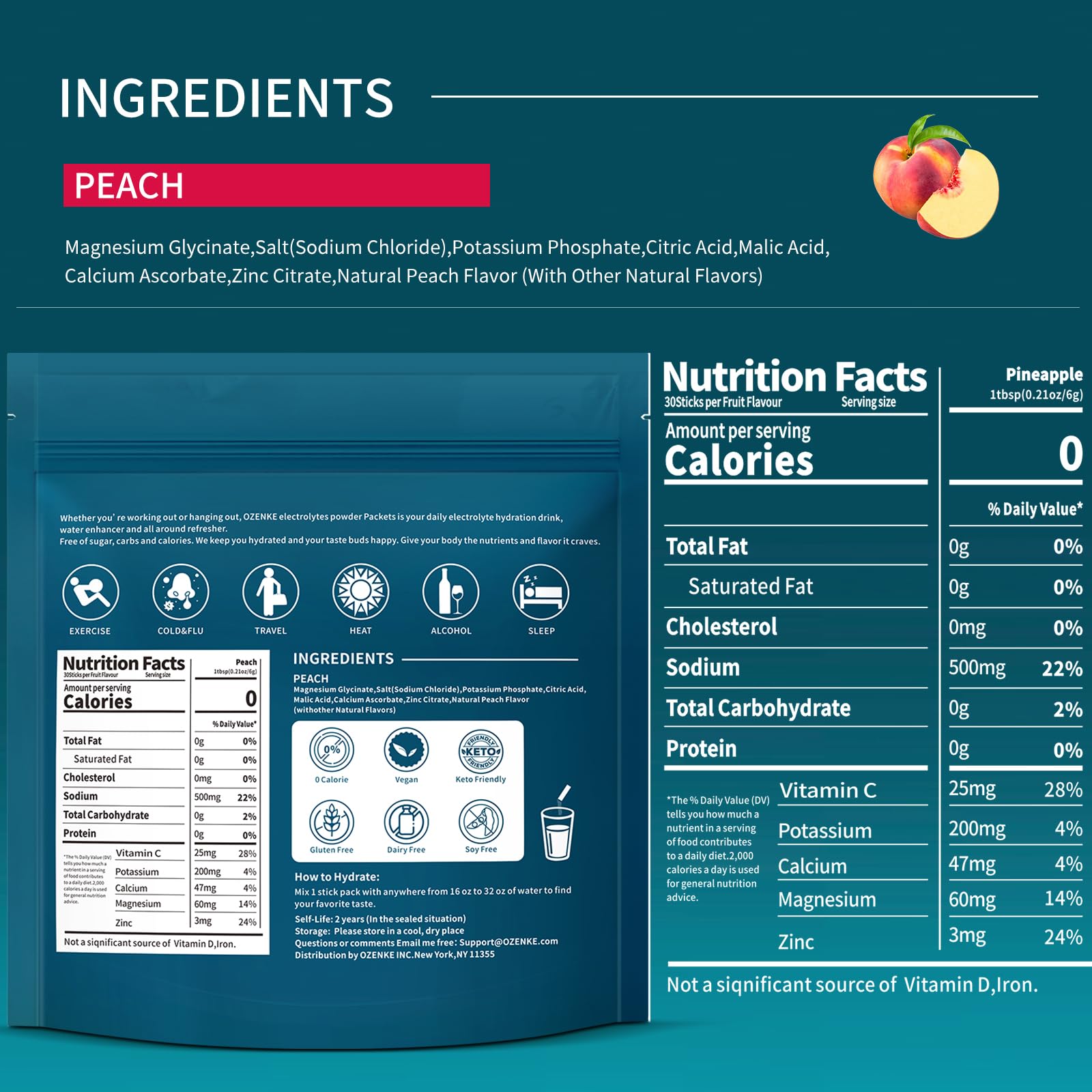 OZENKE packaging close-up showing peach electrolyte packets for on-the-go hydration.