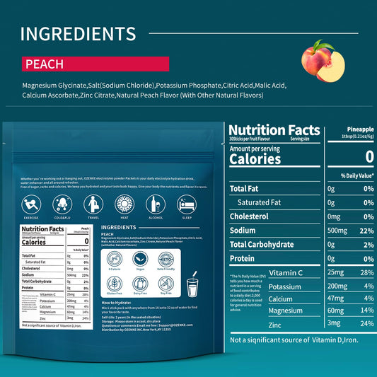 OZENKE packaging close-up showing peach electrolyte packets for on-the-go hydration.