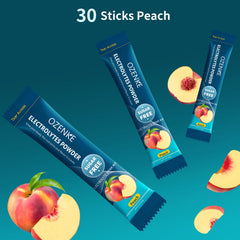 OZENKE peach-flavored powder dissolving in water for refreshing hydration.