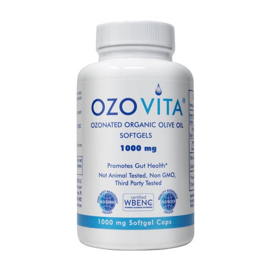 OZOVITA high-potency ozonated olive oil softgel bottle close-up for potential immune support