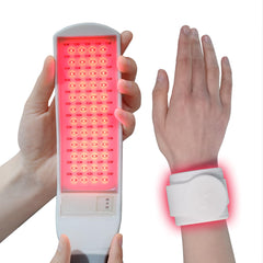 P PEACH TECH Salus on the wrist with flexible silicone band for warm, soothing relief.