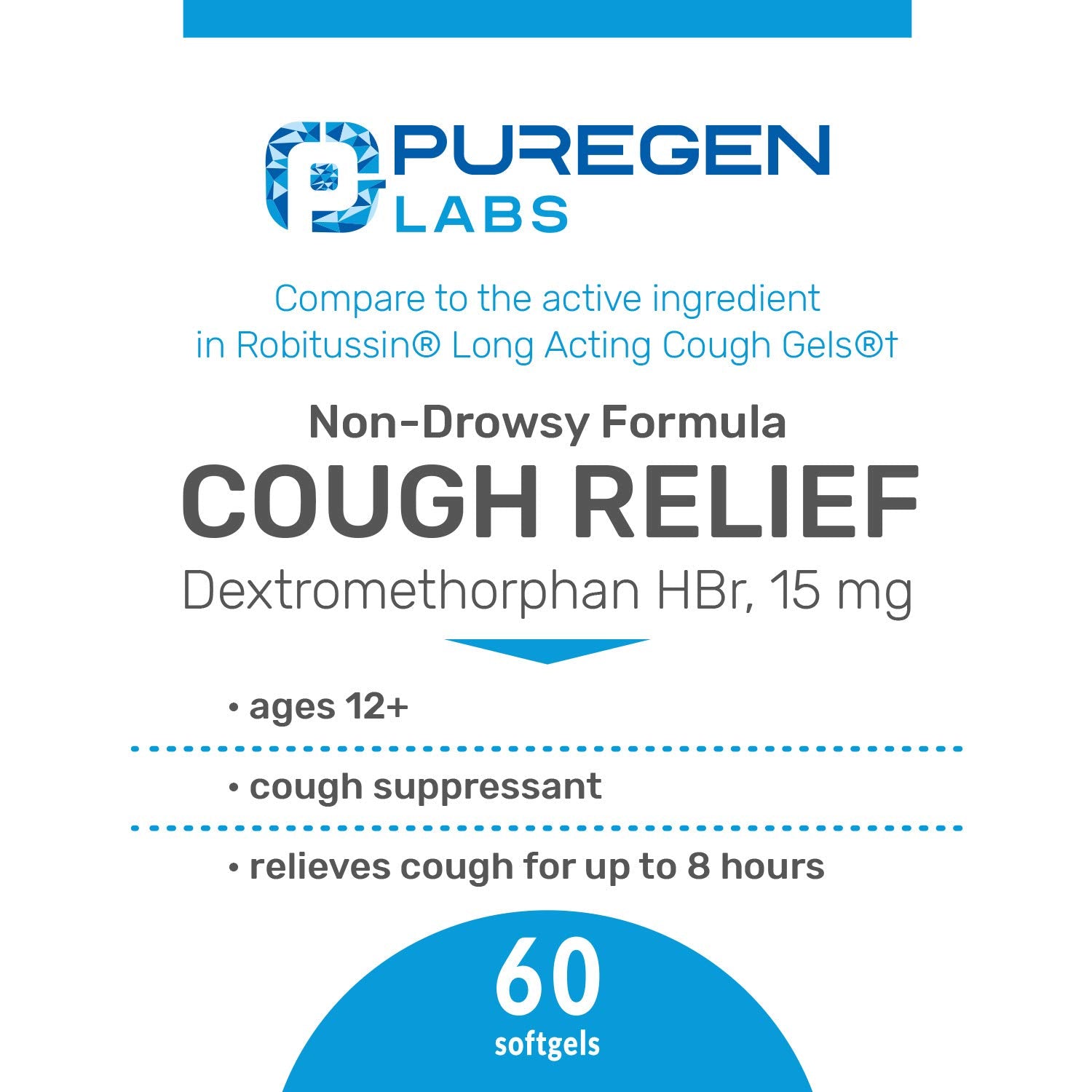 P Puregen Labs cough relief softgels back label with dosage and safety details visible.