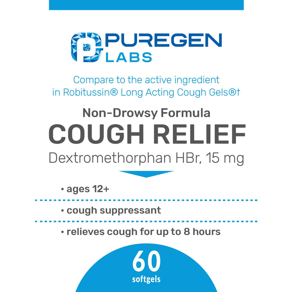 P Puregen Labs cough relief softgels back label with dosage and safety details visible.