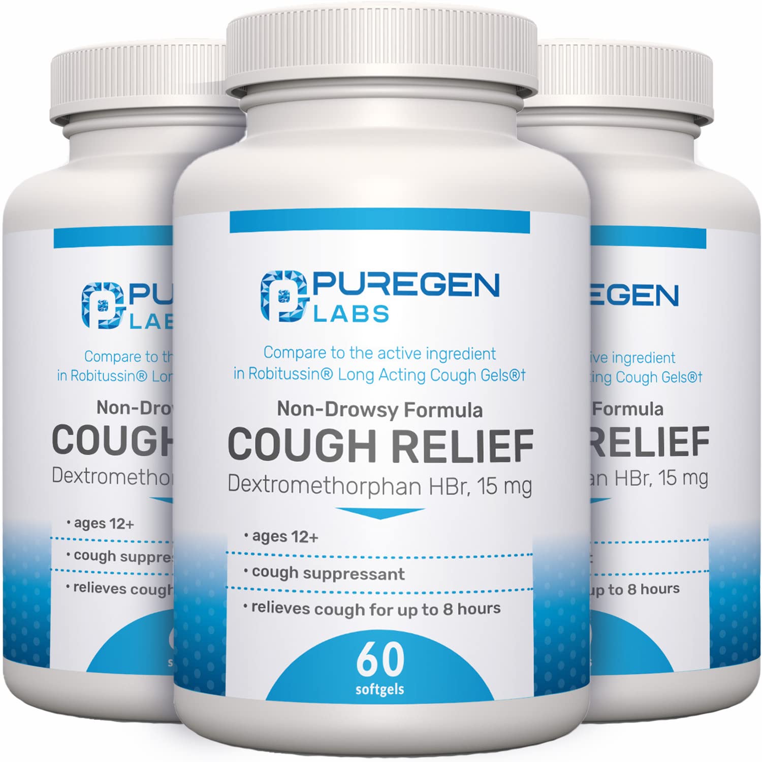 P Puregen Labs cough relief softgels front view, quick non-drowsy option for adults.