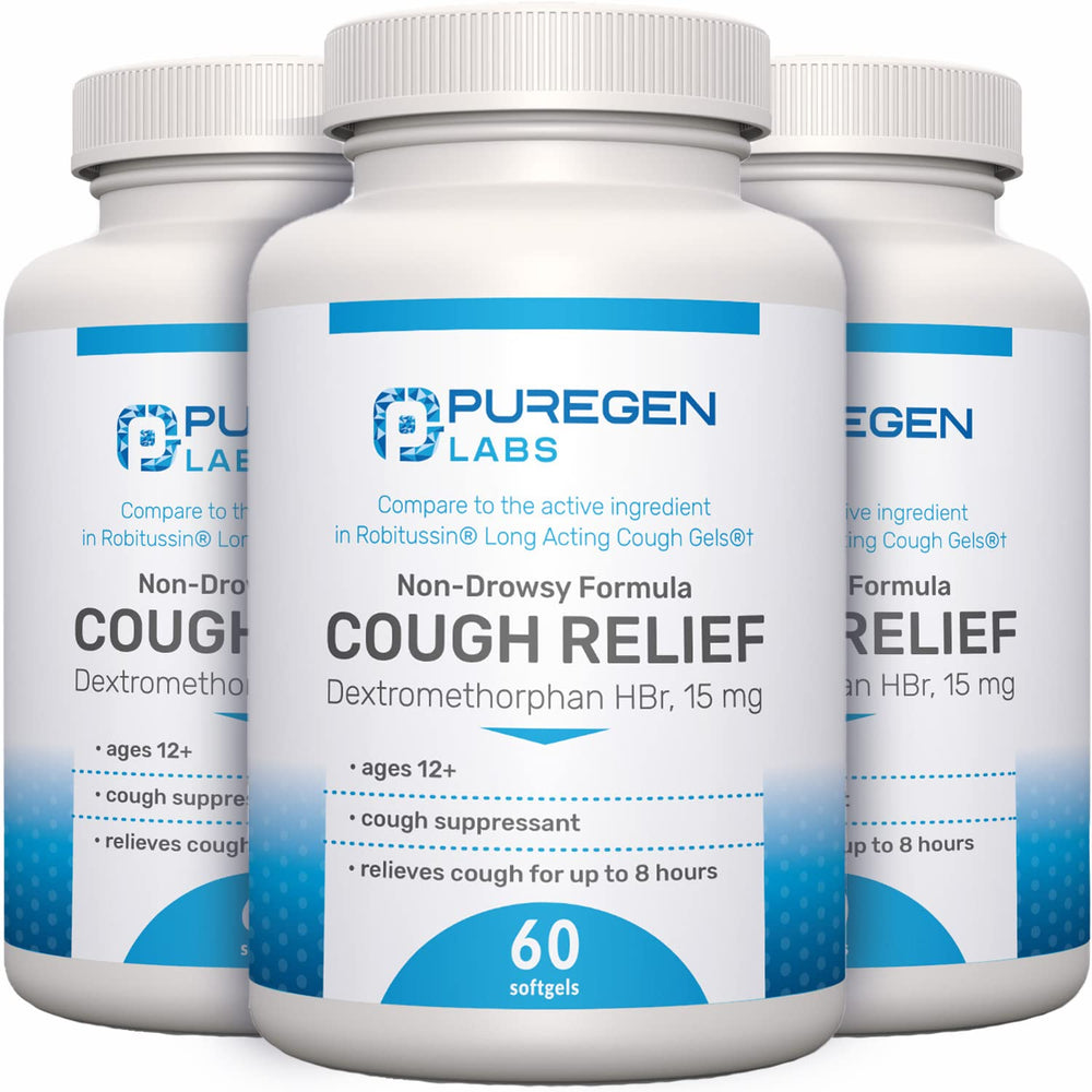 P Puregen Labs cough relief softgels front view, quick non-drowsy option for adults.