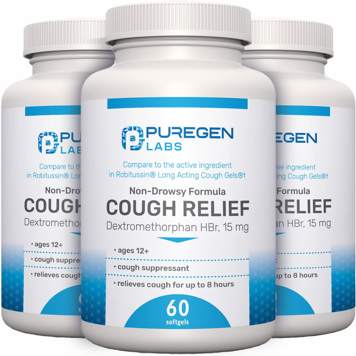 P Puregen Labs cough relief softgels front view, quick non-drowsy option for adults.