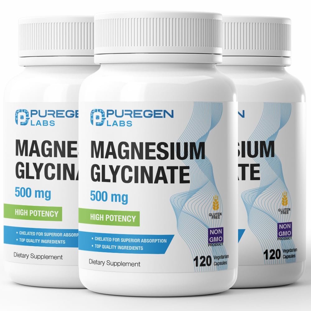 P Puregen Labs Magnesium Glycinate 500mg bottle highlights high-potency capsules for daily support