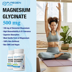 P Puregen Labs magnesium glycinate 500mg capsules show gentle digestion in a chelated form