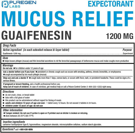 P Puregen Labs Mucus Relief bottle being poured, illustrating easy dosing for extended relief