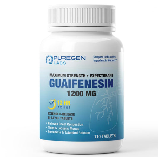 P Puregen Labs Mucus Relief bottle with label highlighting 1200 mg per tablet and extended-release formula