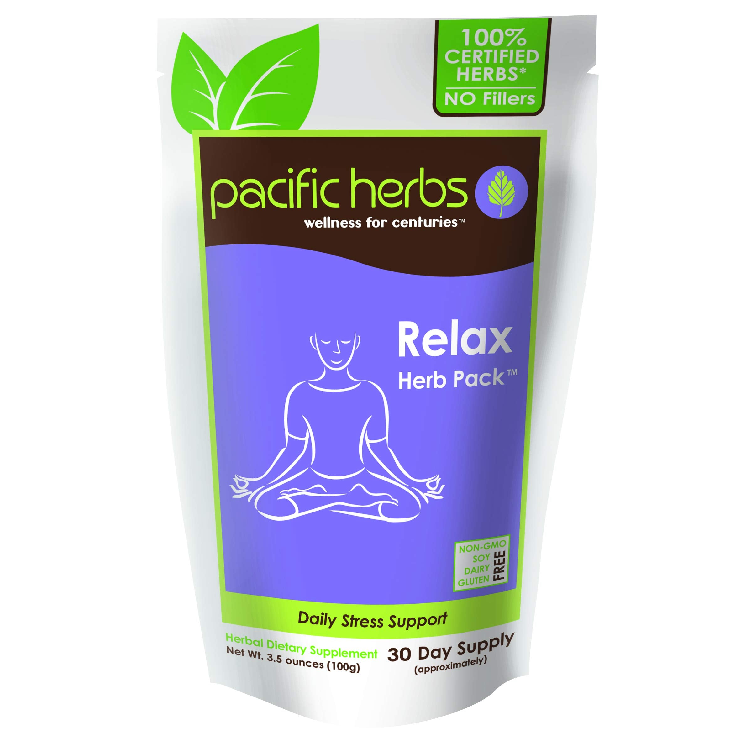 Pacific Herbs Relax Pack bottle shown for convenient daily calm