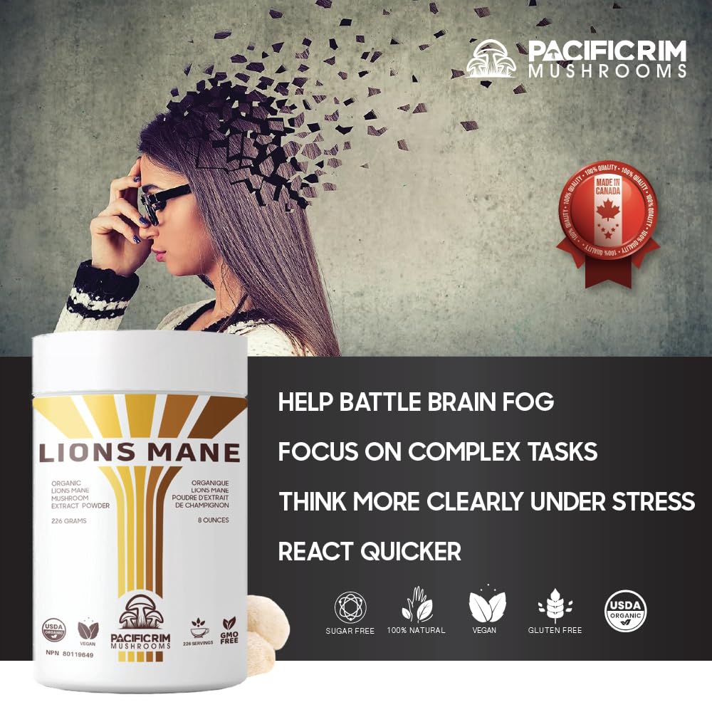 Pacific Rim Lions Mane powder added to tea to support daily focus.
