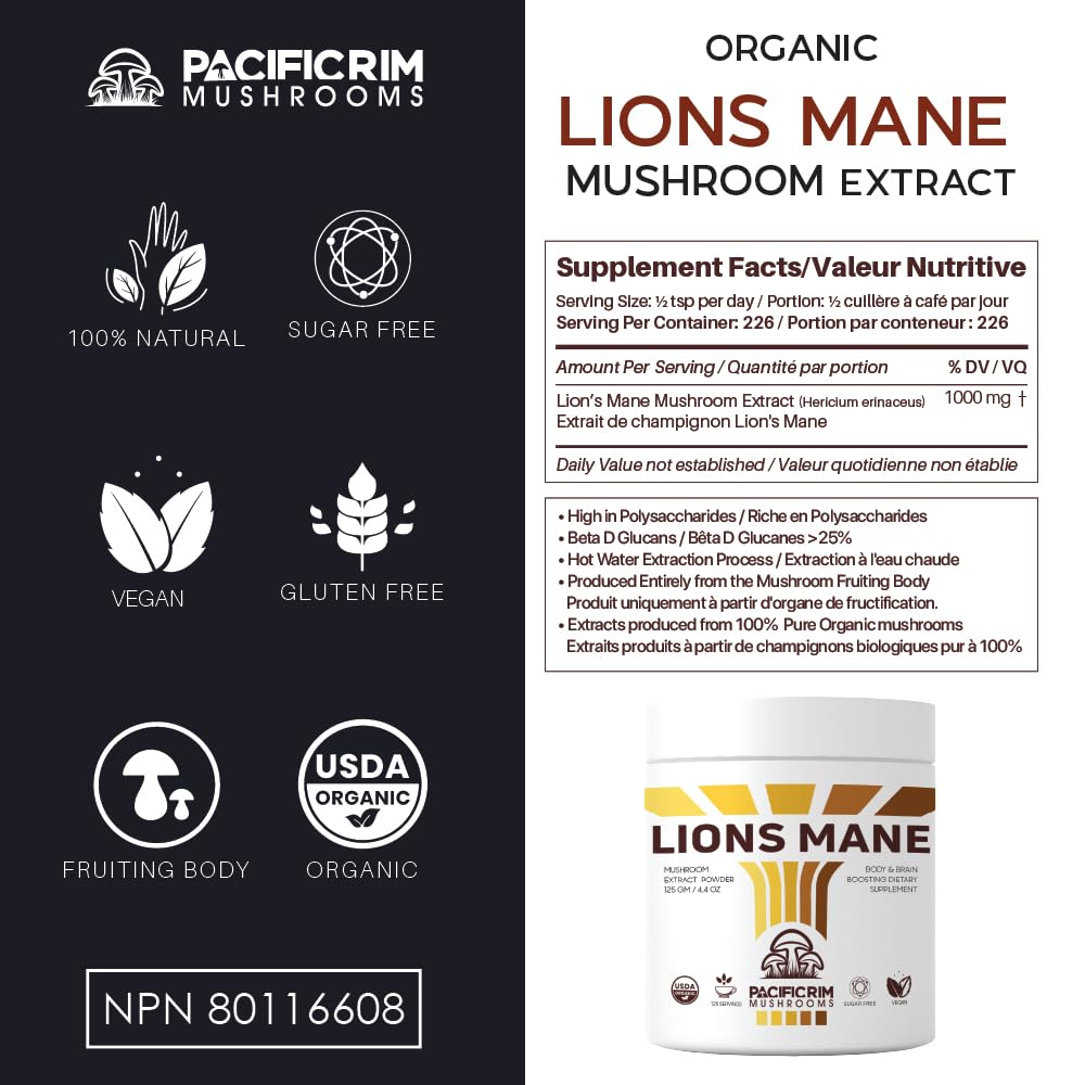 Pacific Rim Lions Mane powder being poured from a scoop to emphasize 10:1 potency.