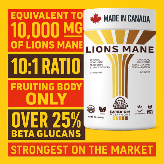 Pacific Rim Lions Mane powder with measuring scoop showcases 1000 mg serving format and convenience.
