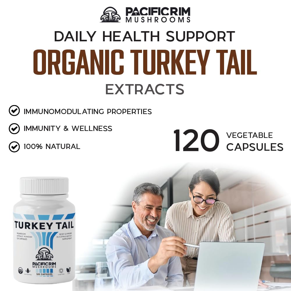 Pacific Rim Mushrooms turkey tail capsules ready for daily routine.