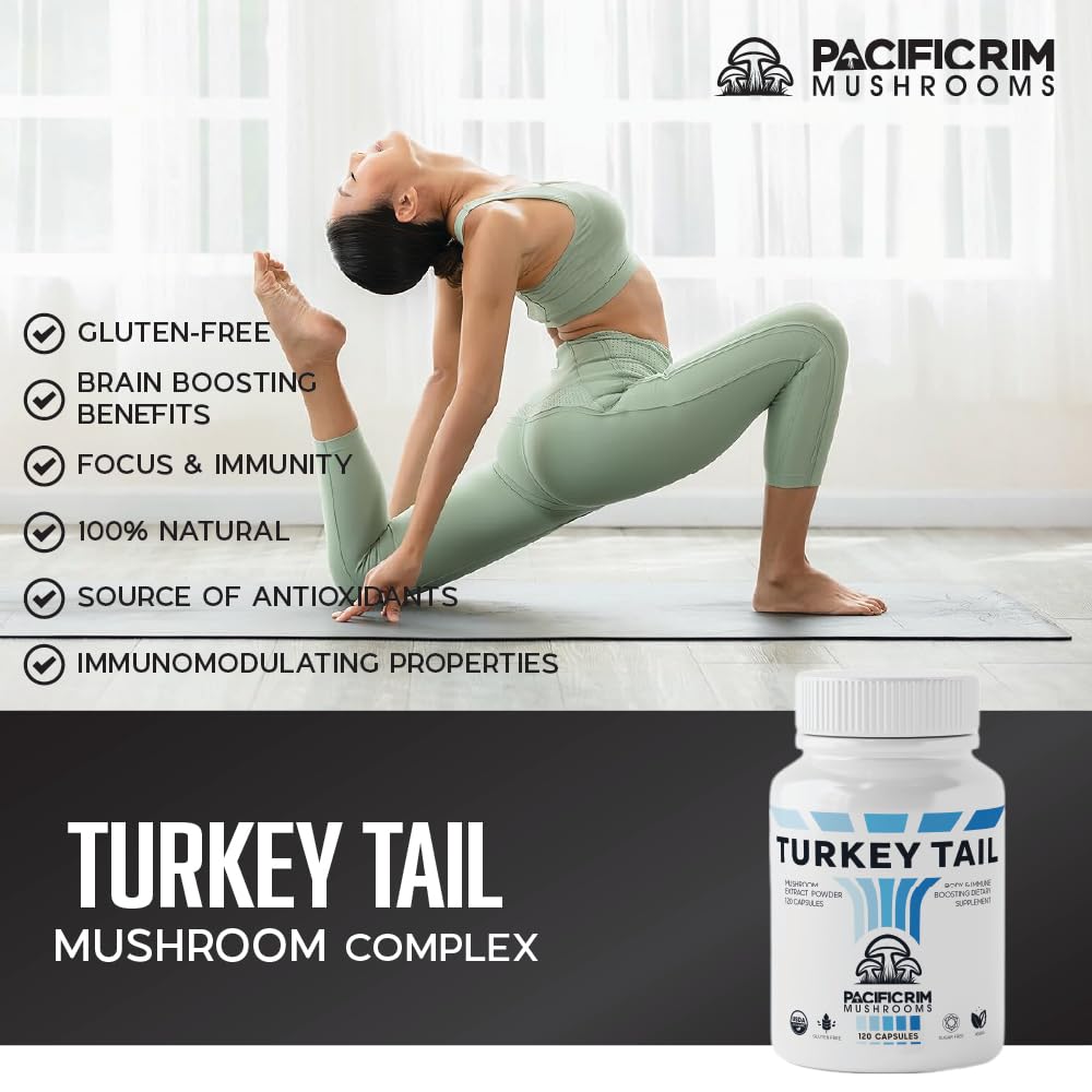 Pacific Rim Mushrooms Turkey Tail close-up shows rich earthy mushroom texture in supplement form.
