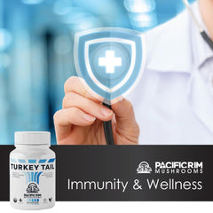 Pacific Rim Mushrooms turkey tail capsules showcase 10:1 extract on label.