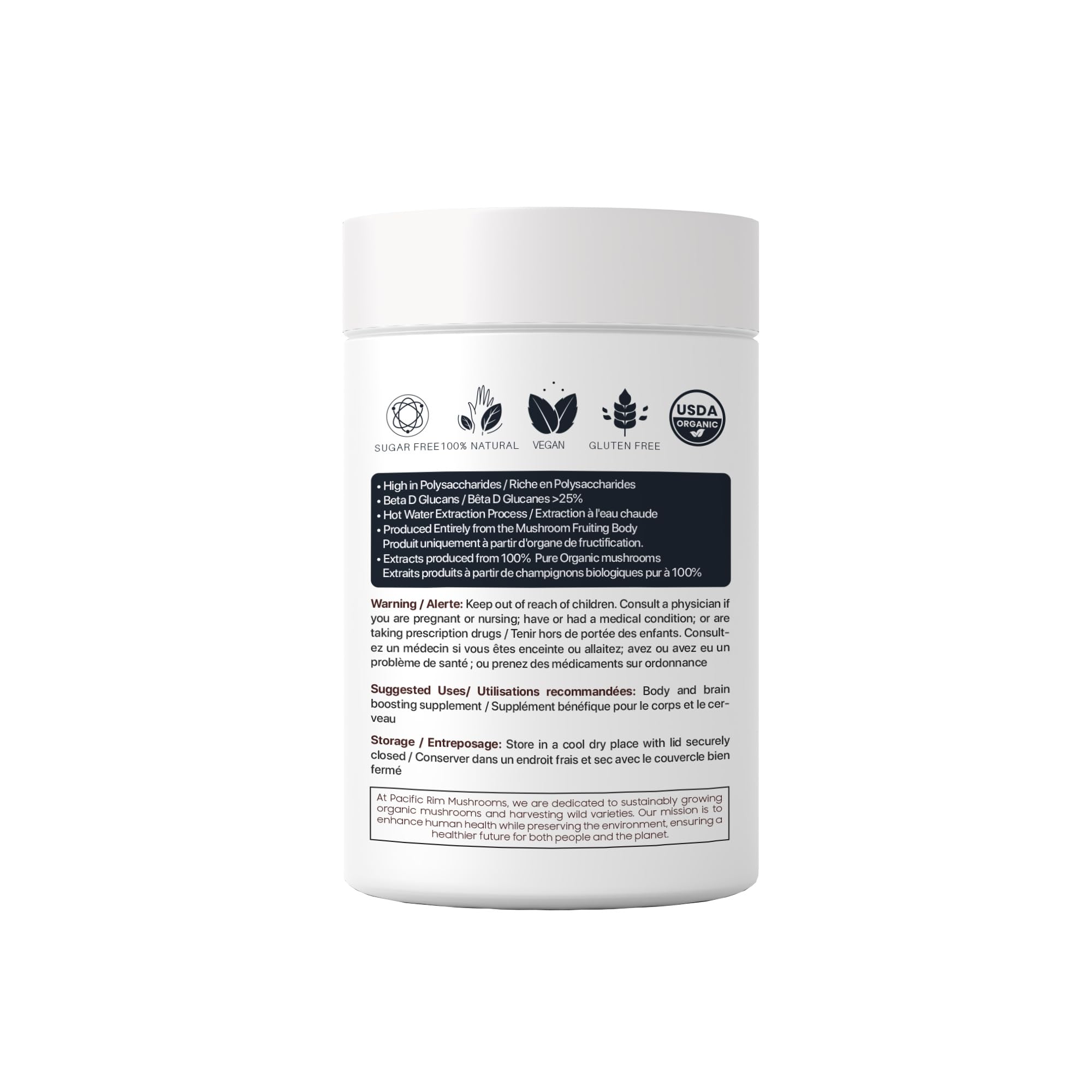 Organic Canada certification and purity on Pacific Rim Mushrooms Turkey Tail label.