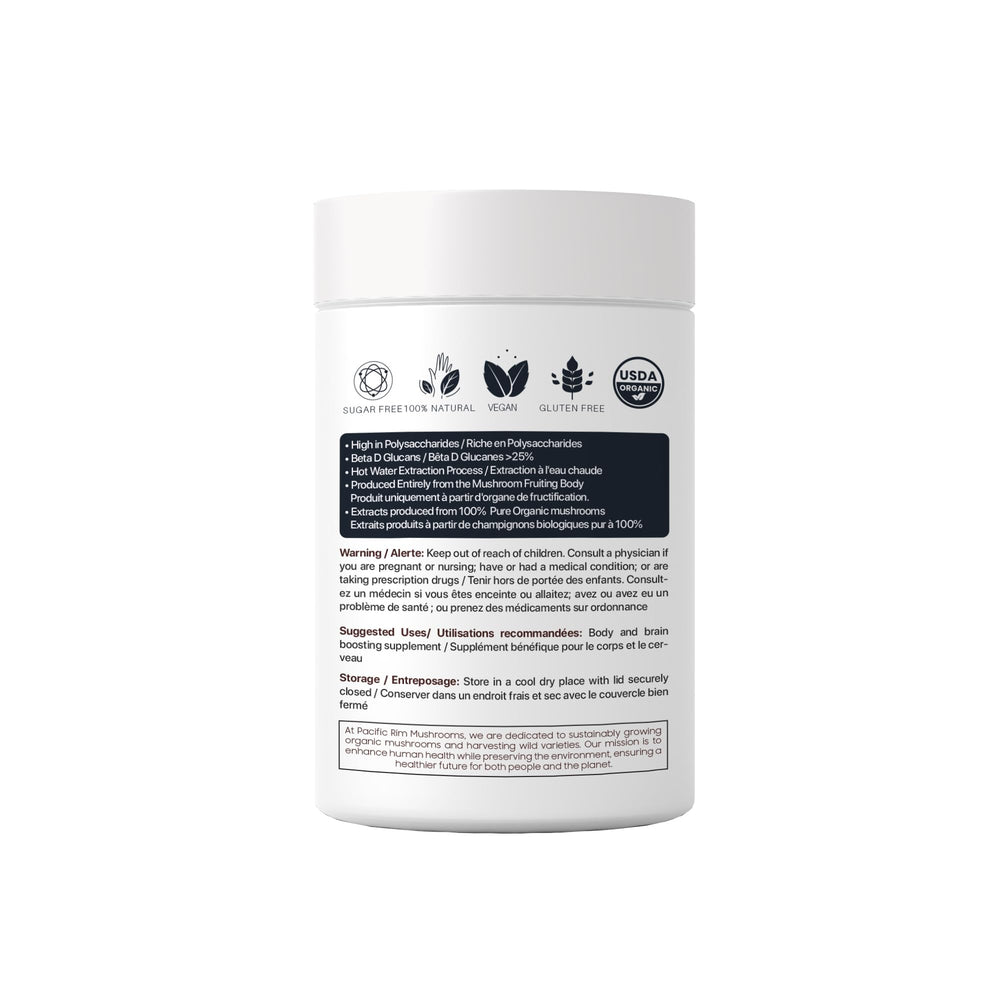 Organic Canada certification and purity on Pacific Rim Mushrooms Turkey Tail label.