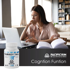 Pacific Rim Mushrooms turkey tail capsules in a glass of water suggests easy ingestion.