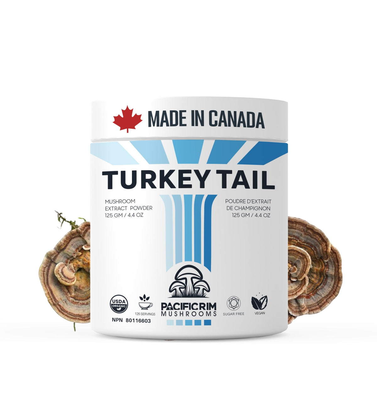 Pacific Rim Mushrooms Turkey Tail powder bottle highlighting high potency.