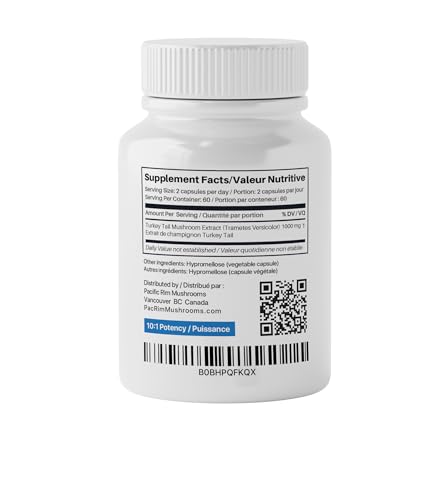 Pacific Rim Mushrooms turkey tail powder scoop emphasizes generous 1000 mg serving and extract potency.