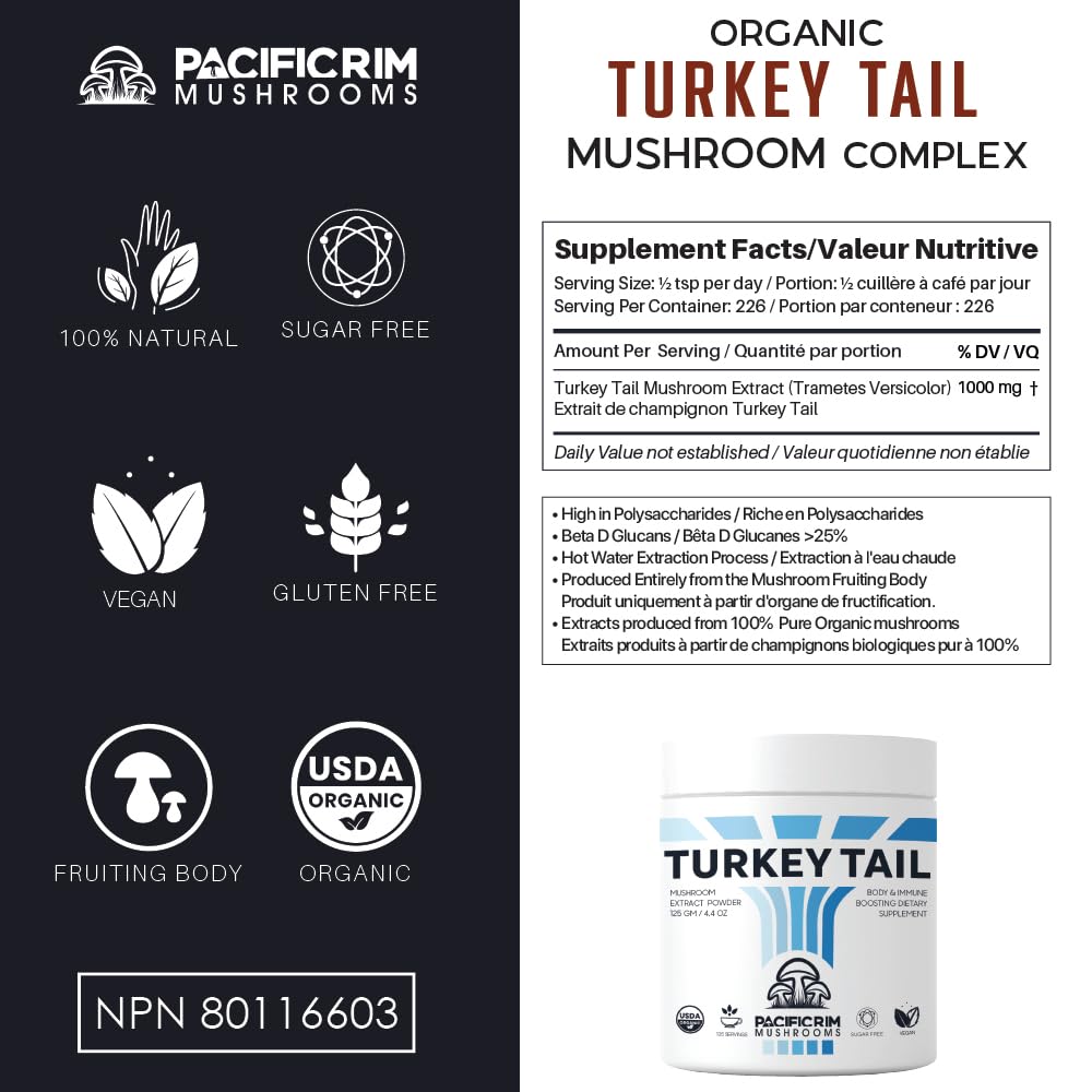 Serving visual of Pacific Rim Mushrooms Turkey Tail emphasizing 1000 mg per serving.