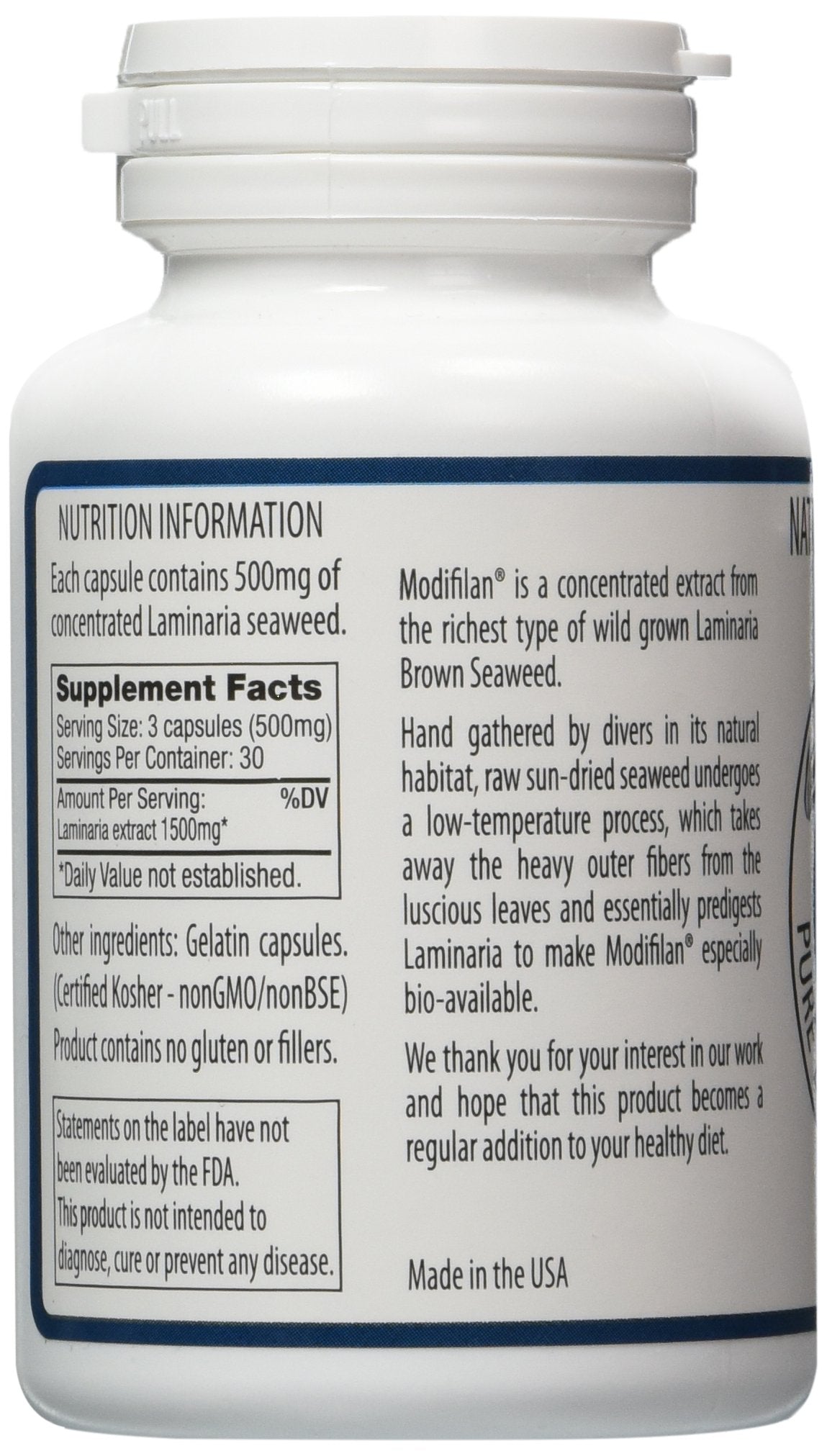 Pacific Standard Modifilan capsules close-up, convenient daily seaweed-derived nutrients.