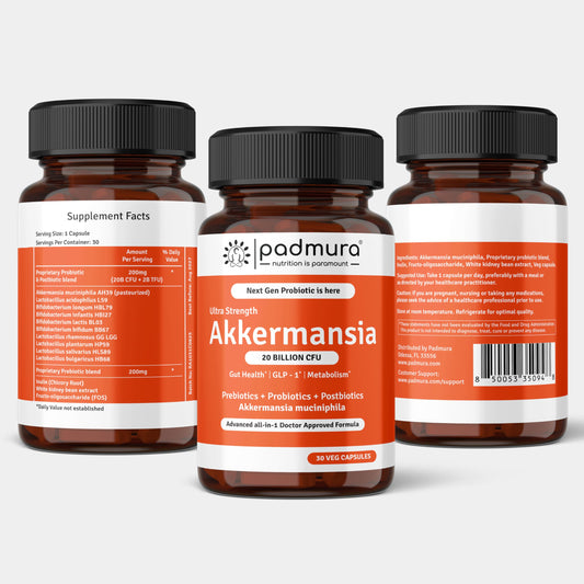 Close-up of PADMURA capsules showing 20B CFU for robust gut flora support.