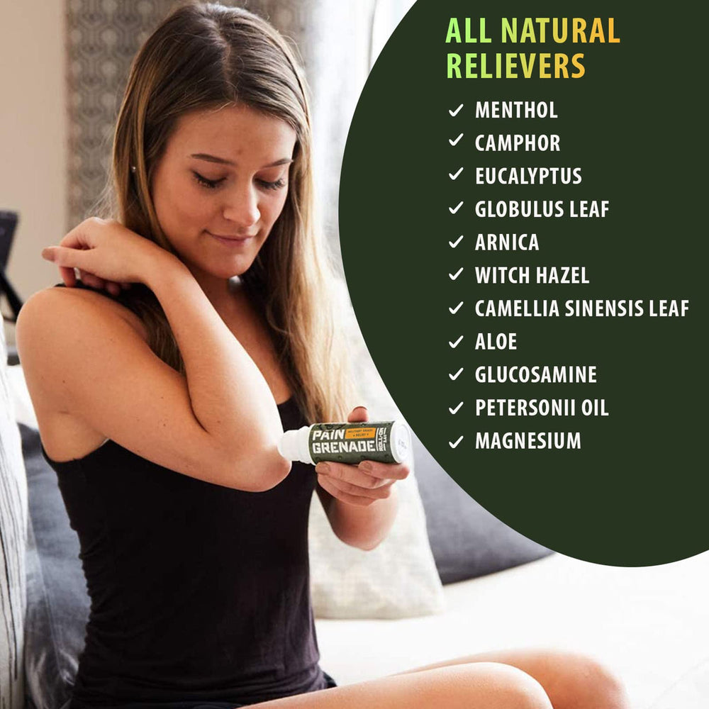 Pain Grenade roll-on gel moisturizes skin with aloe while delivering relief.