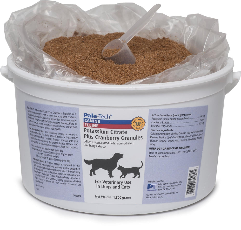 Pala-Tech Potassium Citrate Cranberry granules for dogs and cats support urinary health and stone prevention.
