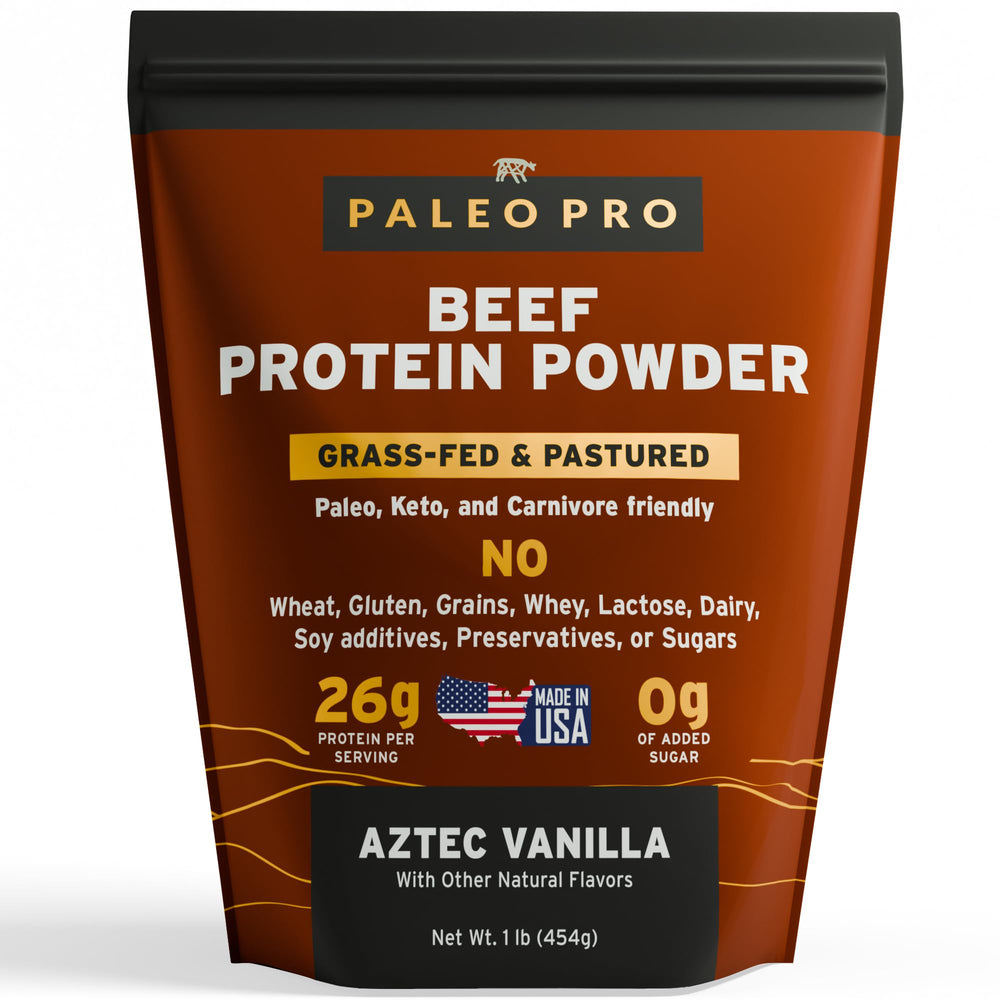 Paleo Pro 26G beef protein powder bottle with vanilla flavor for paleo meal plans