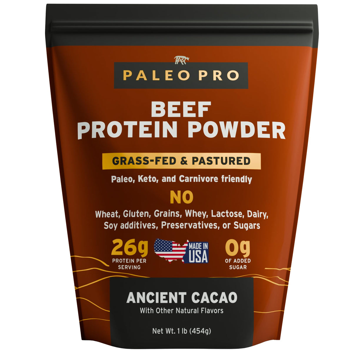 Paleo Pro beef protein powder cacao tub shows 26g protein per serving