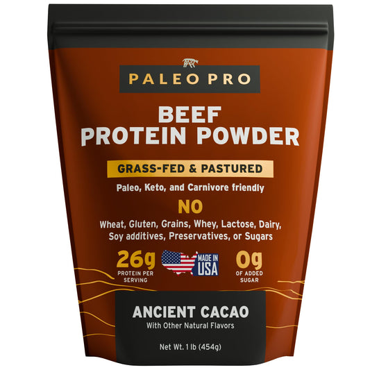 Paleo Pro beef protein powder cacao tub shows 26g protein per serving