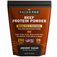 Paleo Pro beef protein powder cacao tub shows 26g protein per serving