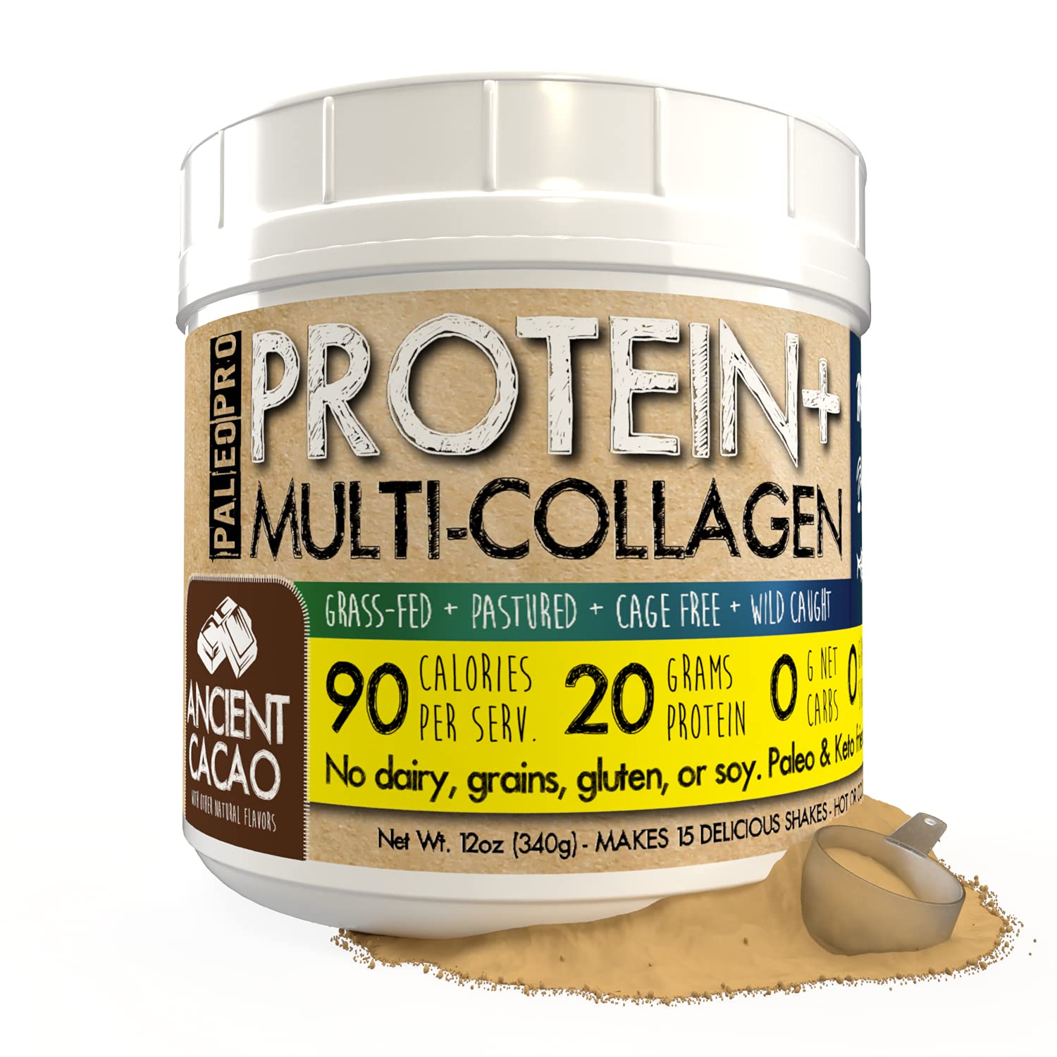 PaleoPro Protein+ Multi-Collagen Ancient Cacao packshot showing 20g protein per serving